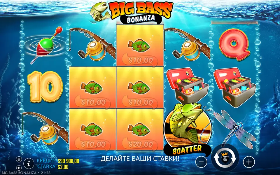 Big Bass Bonanza: каскад символов после выигрыша